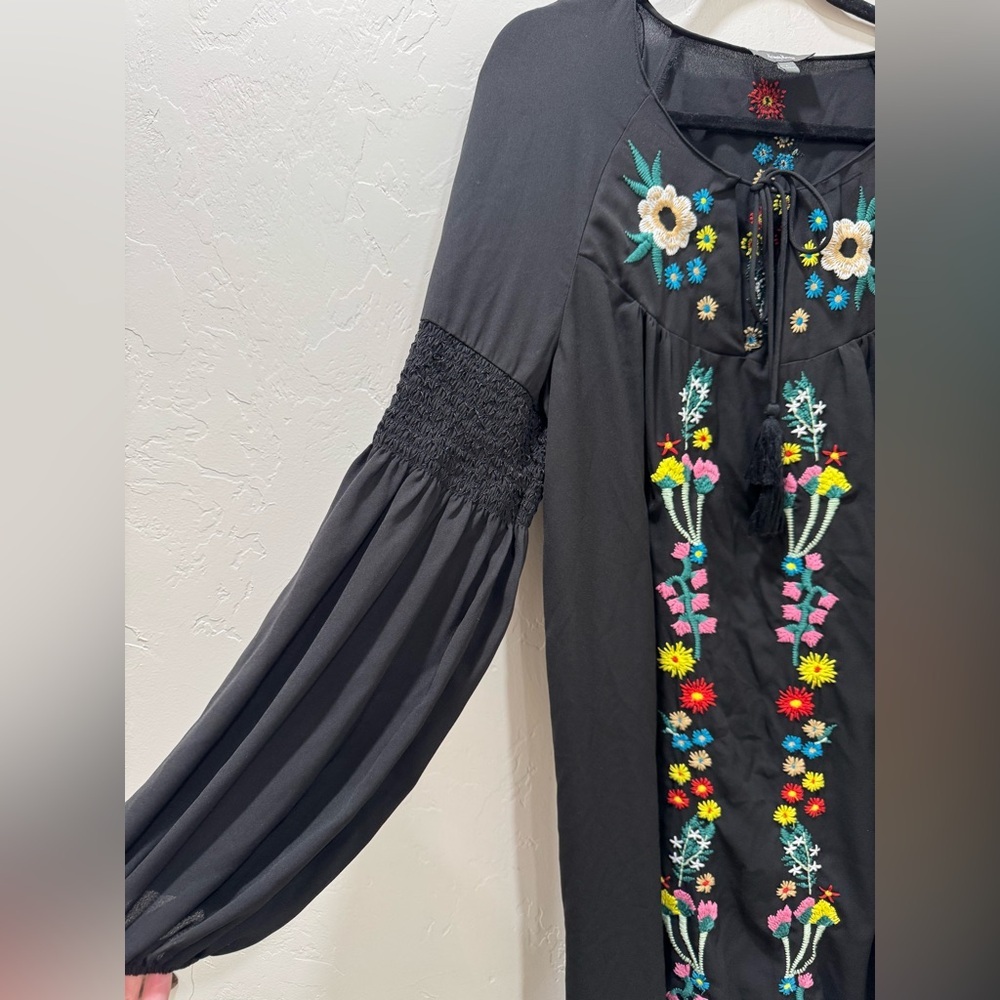 Neiman Marcus Sheer Embroidered Dress Midi Black Oversize Shift Women Large - Picture 6 of 13